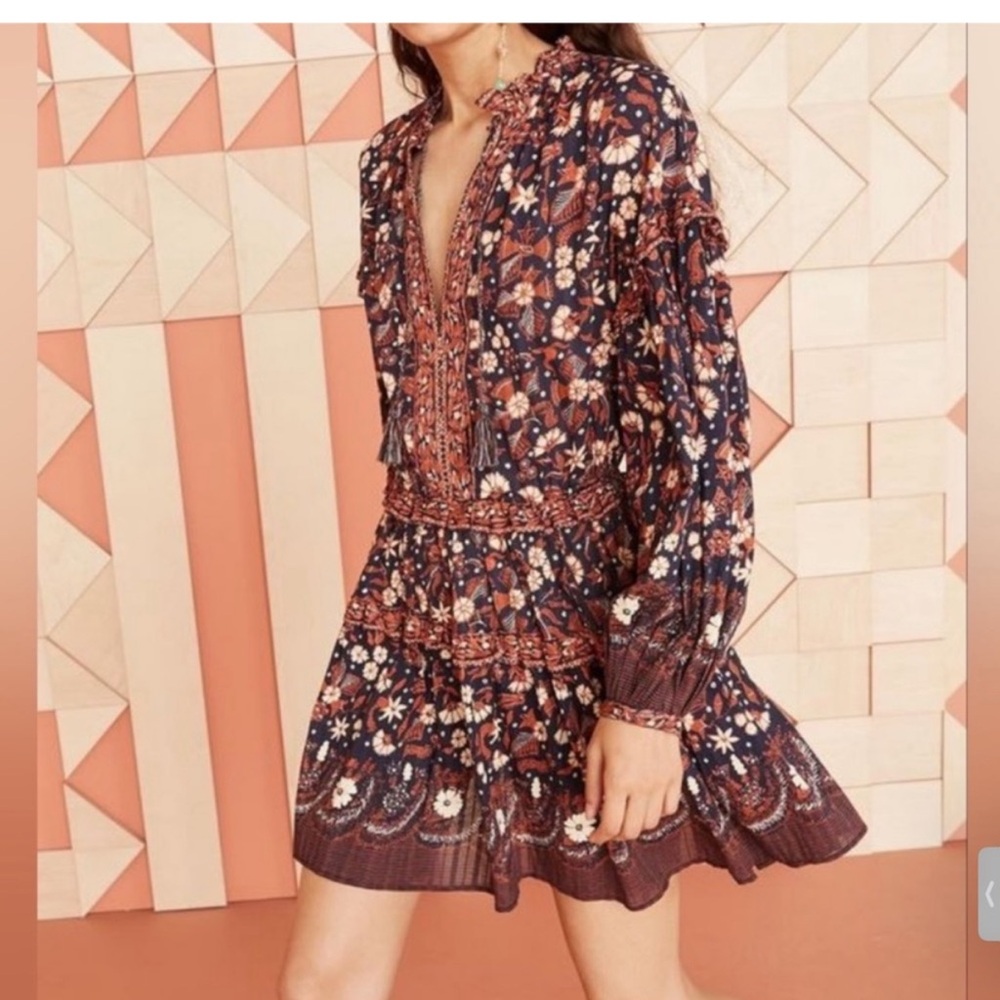 Ulla Johnson Navy and Rust Floral Long-Sleeve Mini Dress